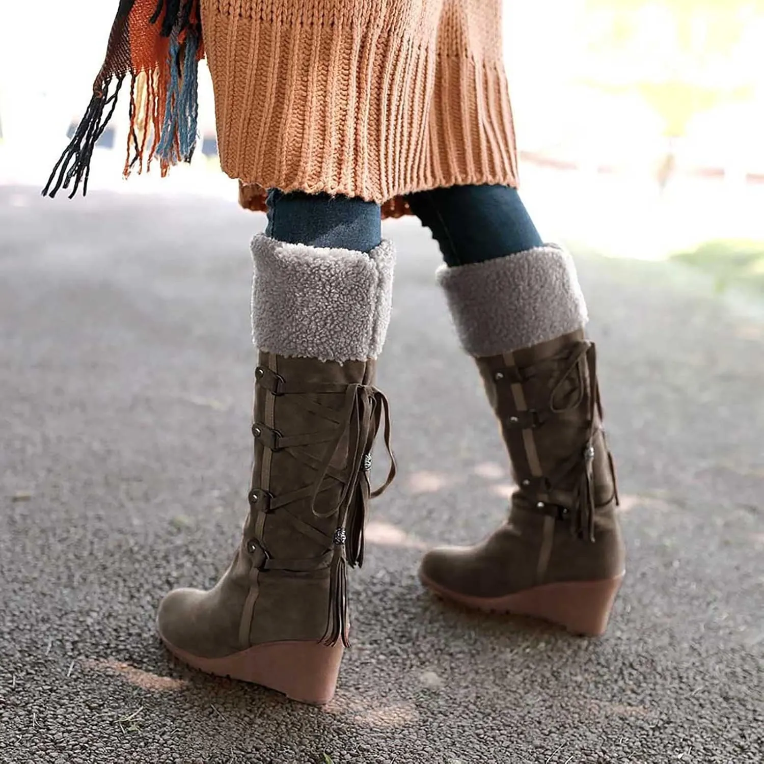 Women's Winter Fuzzy Collar Wedge The Knee Thigh Snow Boots Warm Non-slip Comfortable Pull On High Boots