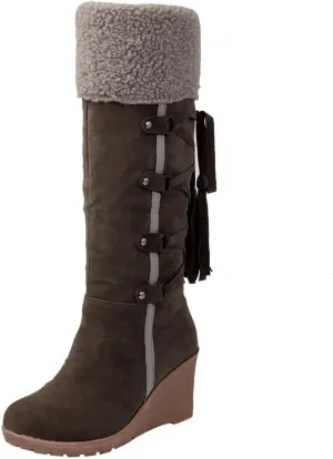 Women's Winter Fuzzy Collar Wedge The Knee Thigh Snow Boots Warm Non-slip Comfortable Pull On High Boots