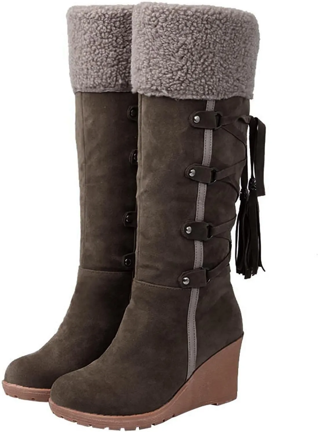 Women's Winter Fuzzy Collar Wedge The Knee Thigh Snow Boots Warm Non-slip Comfortable Pull On High Boots