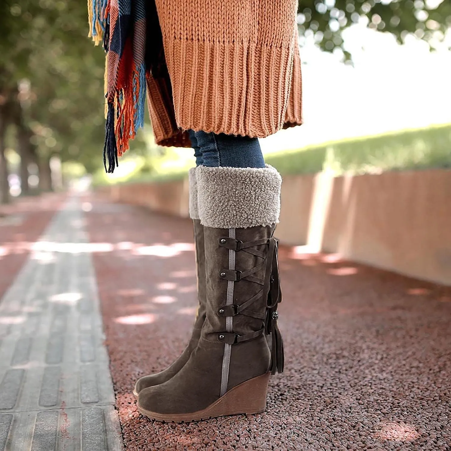 Women's Winter Fuzzy Collar Wedge The Knee Thigh Snow Boots Warm Non-slip Comfortable Pull On High Boots