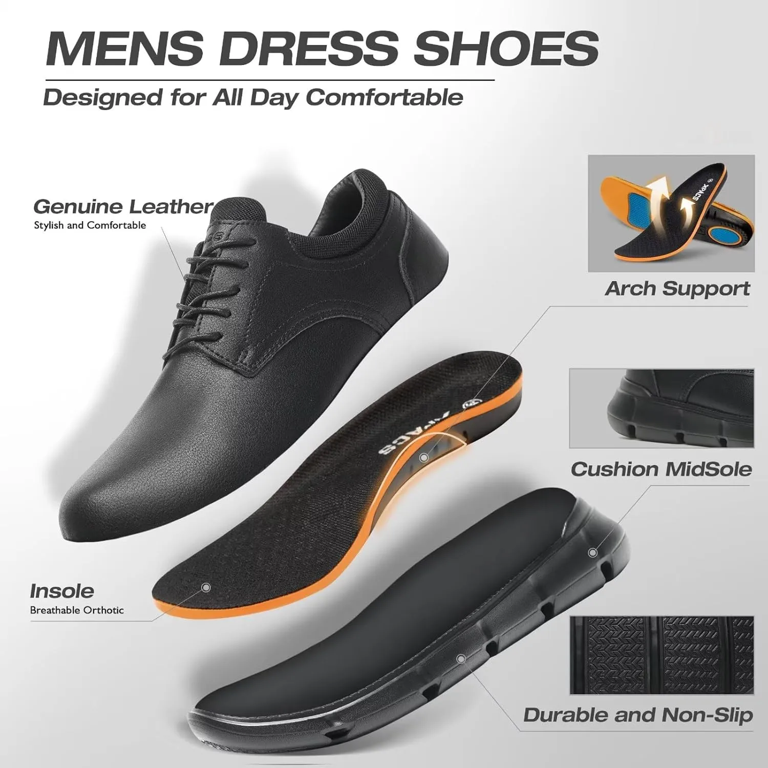 XPACS Men's Orthopedic Leather Dress Walking Shoes: Comfortable Arch Support Orthotic Plantar Fasciitis Business Casual Oxford, Flat Feet Formal Tennis Work Shoes for Foot and Heel Pain Relief