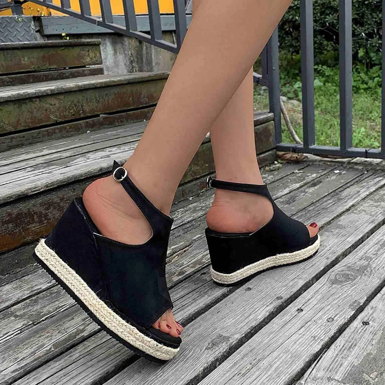 ZBYY Women's Platform Espadrille Wedges Sandals Buckle Ankle Strap Peep Toe Faux Suede Dressy High Heel Sandals