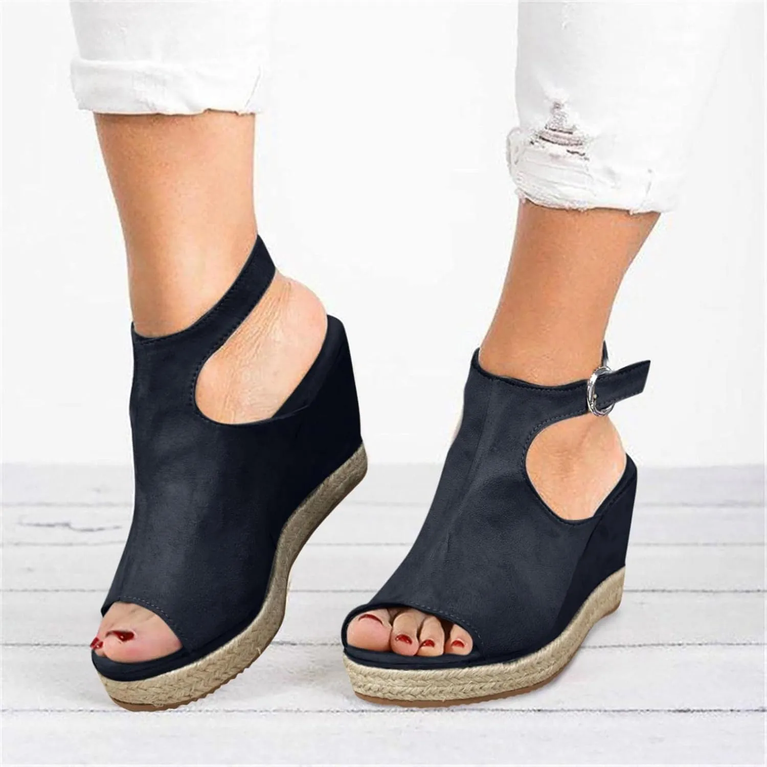 ZBYY Women's Platform Espadrille Wedges Sandals Buckle Ankle Strap Peep Toe Faux Suede Dressy High Heel Sandals