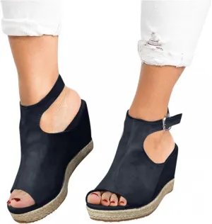 ZBYY Women's Platform Espadrille Wedges Sandals Buckle Ankle Strap Peep Toe Faux Suede Dressy High Heel Sandals