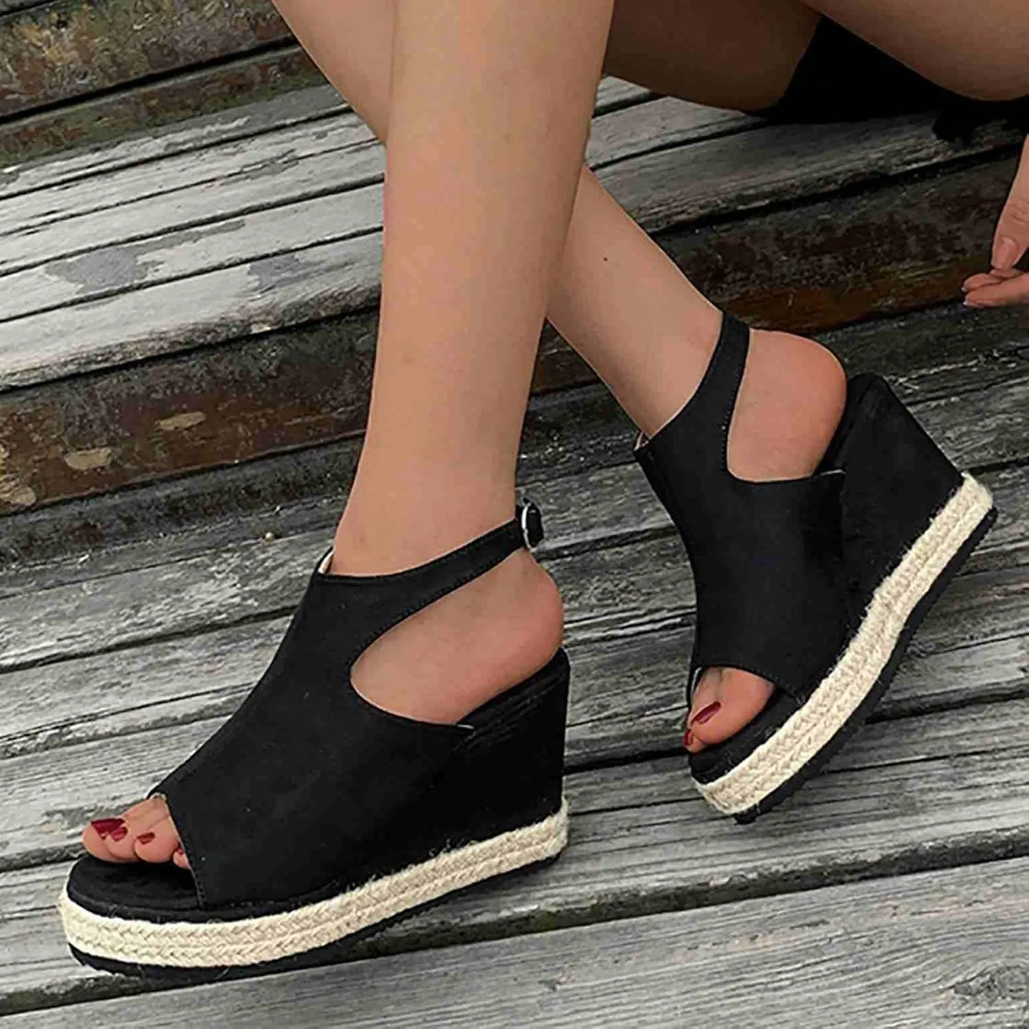 ZBYY Women's Platform Espadrille Wedges Sandals Buckle Ankle Strap Peep Toe Faux Suede Dressy High Heel Sandals