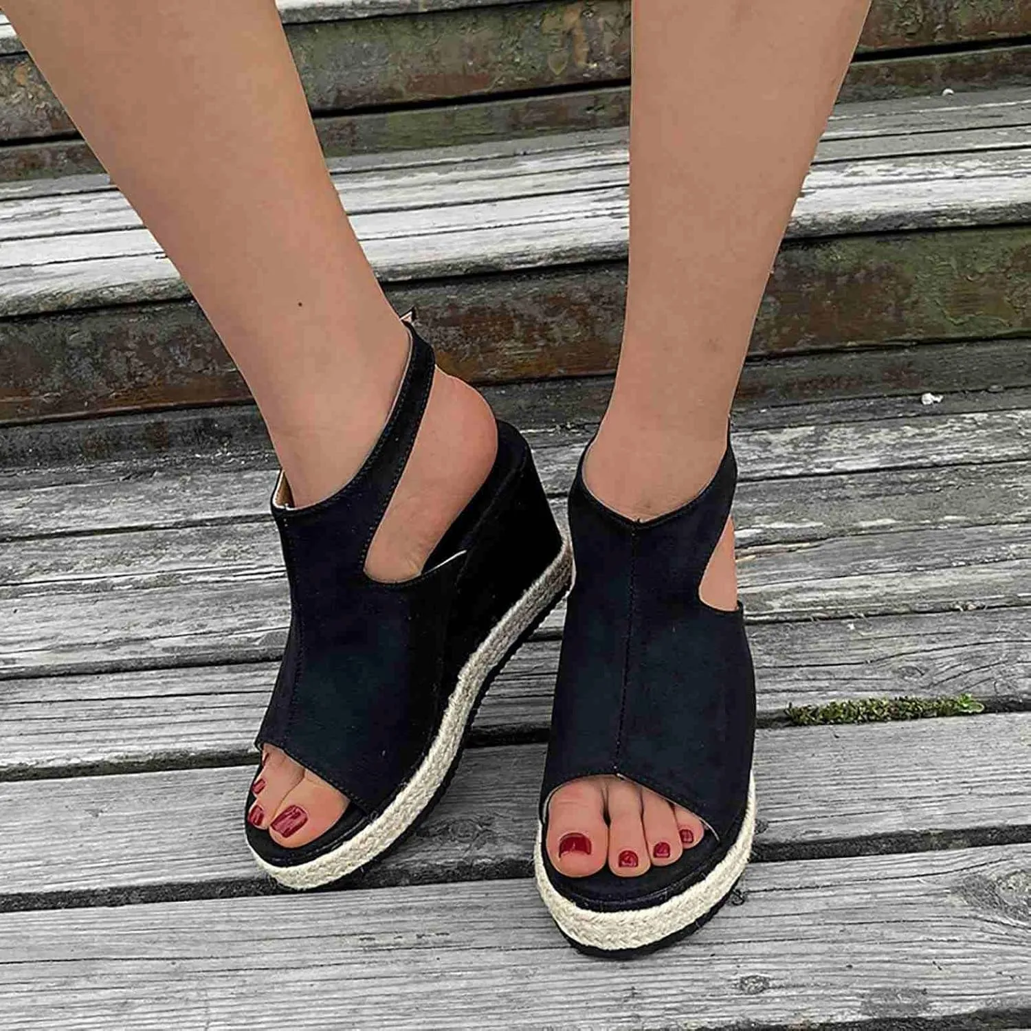 ZBYY Women's Platform Espadrille Wedges Sandals Buckle Ankle Strap Peep Toe Faux Suede Dressy High Heel Sandals